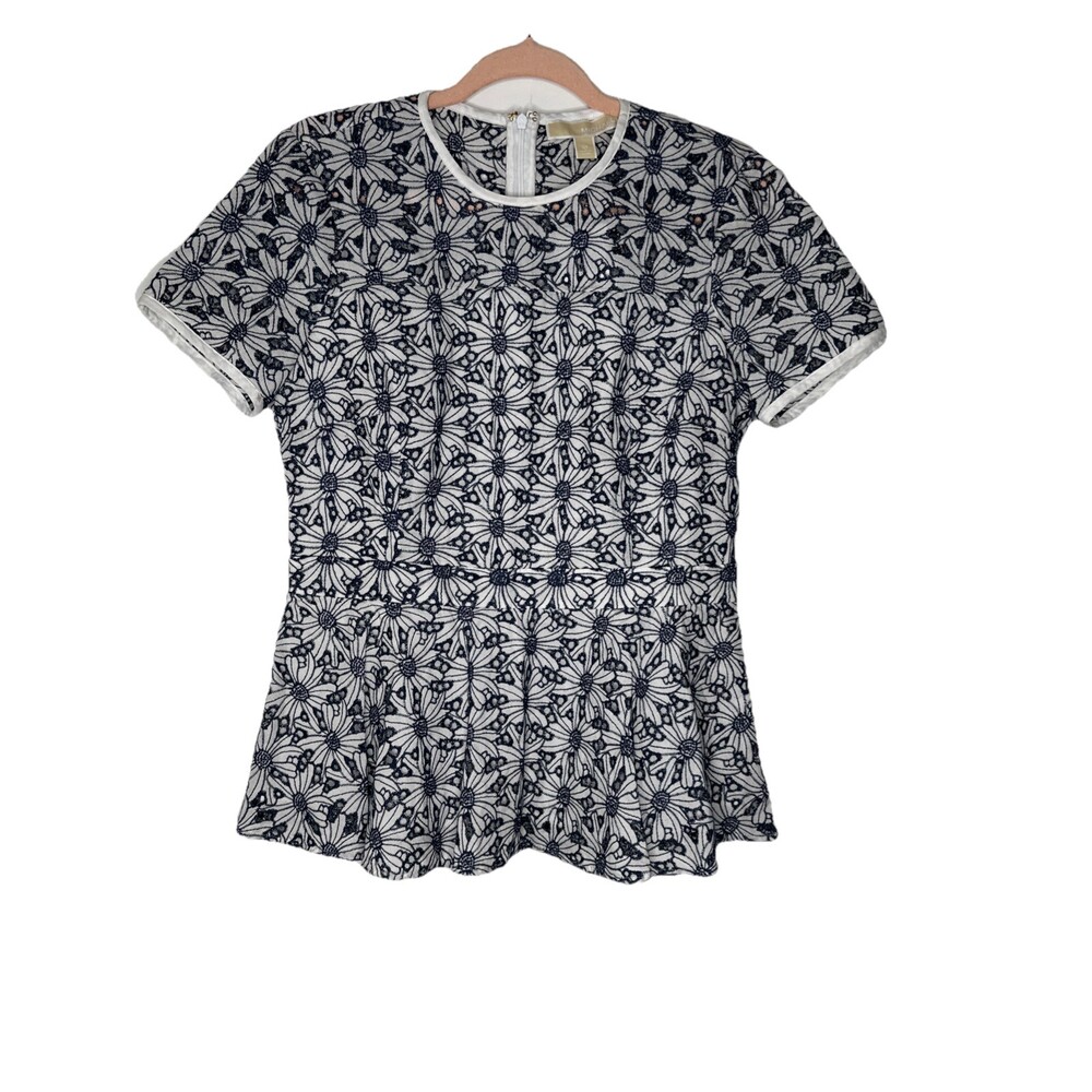 MICHAEL KORS White Navy Embroidered Eyelet Peplum Shirt Top - Womens Size 10